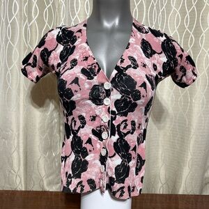 Ricky’s Floral Button-Up Pink, White and Black Women's Sweater